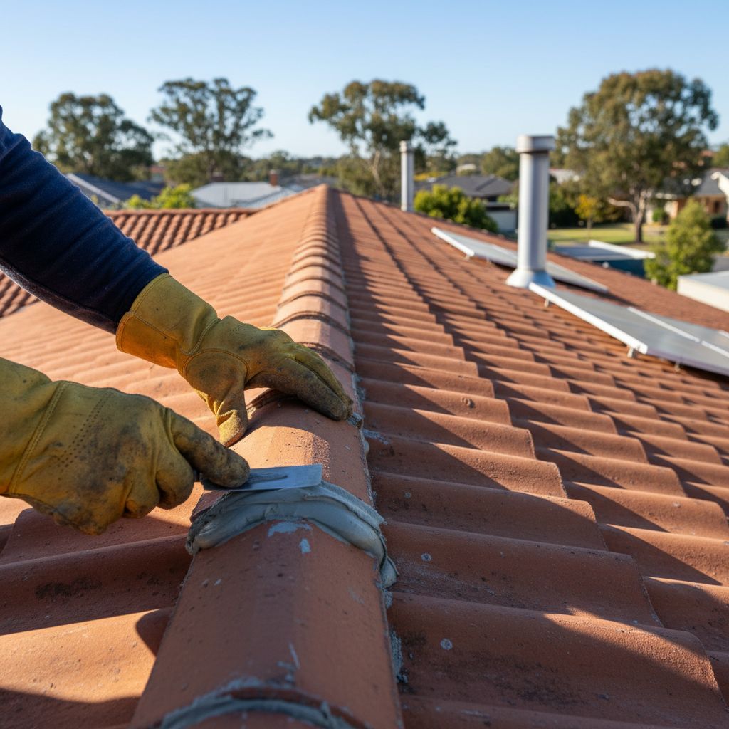 Ridge cap being repointed with flexible compound
